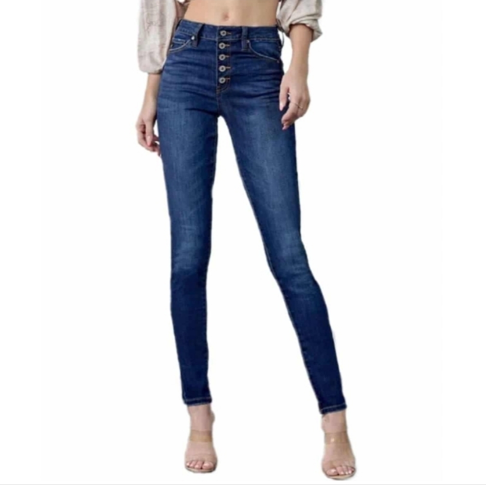 Kancan Button Fly Blue Curvy Skinny Ankle Jeans Pants